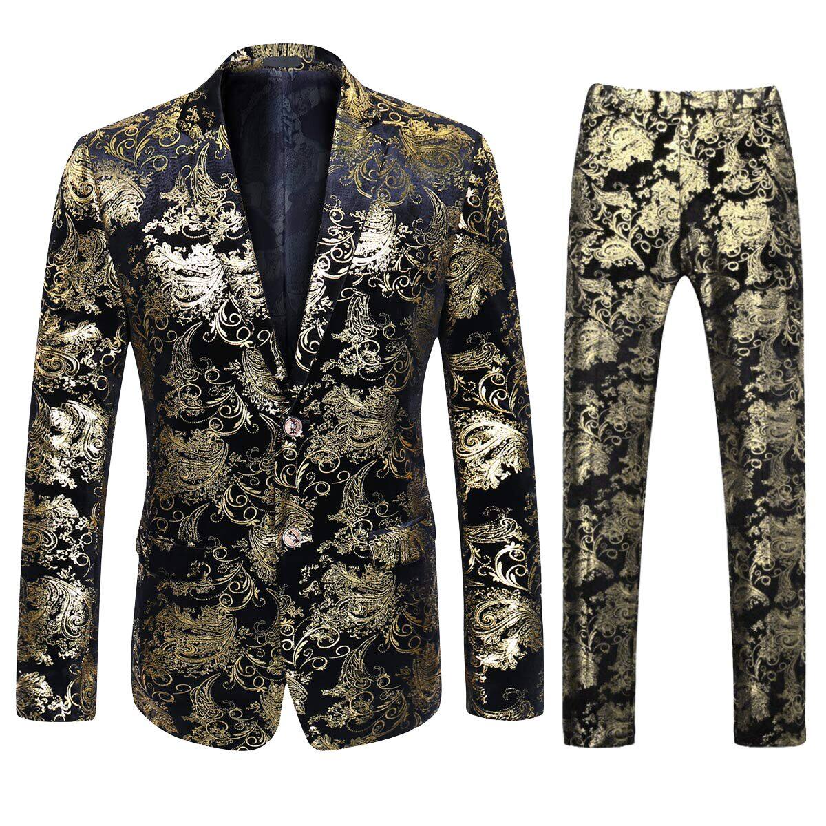 2-Piece Slim Fit Gold Floral Dress Suit
