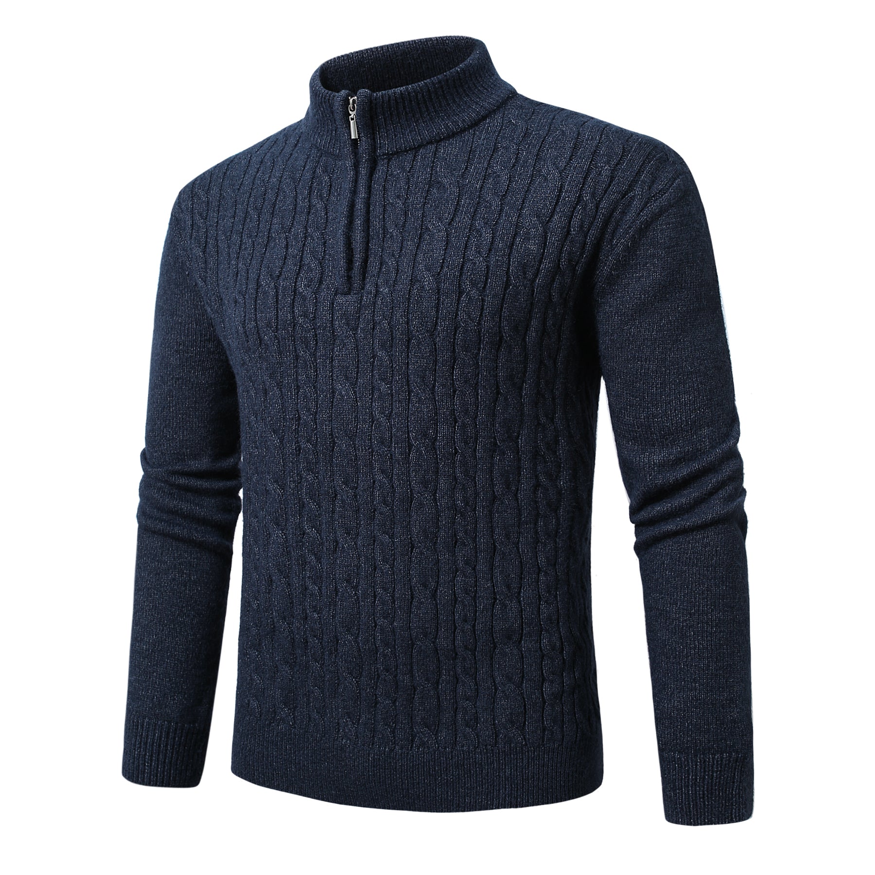 Mens Solid Color Half-Zip Stand Collar Loose-Fit Long-Sleeve Sweater Navy