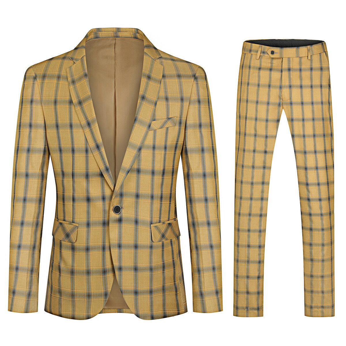 Plaid Stripe Suit Slim Fit 2-Piece Suit Yellow