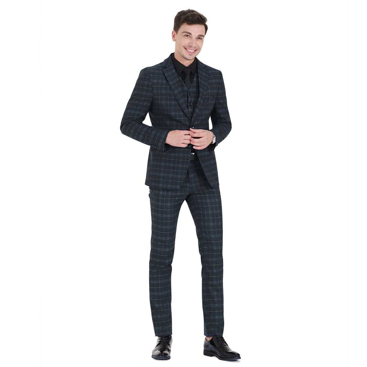 Mens 3-Piece Slim Fit Vintage Plaid Black Suit