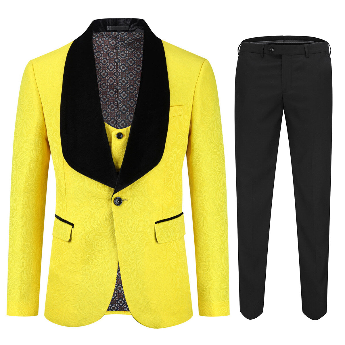 3-Piece Paisley Yellow Suit Shawl Collar Suit