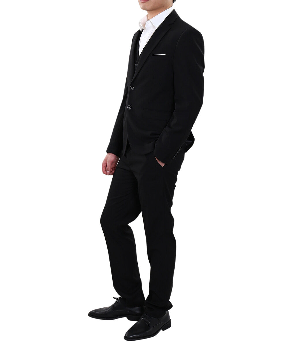 3-Piece Notched Lapel Black Suit