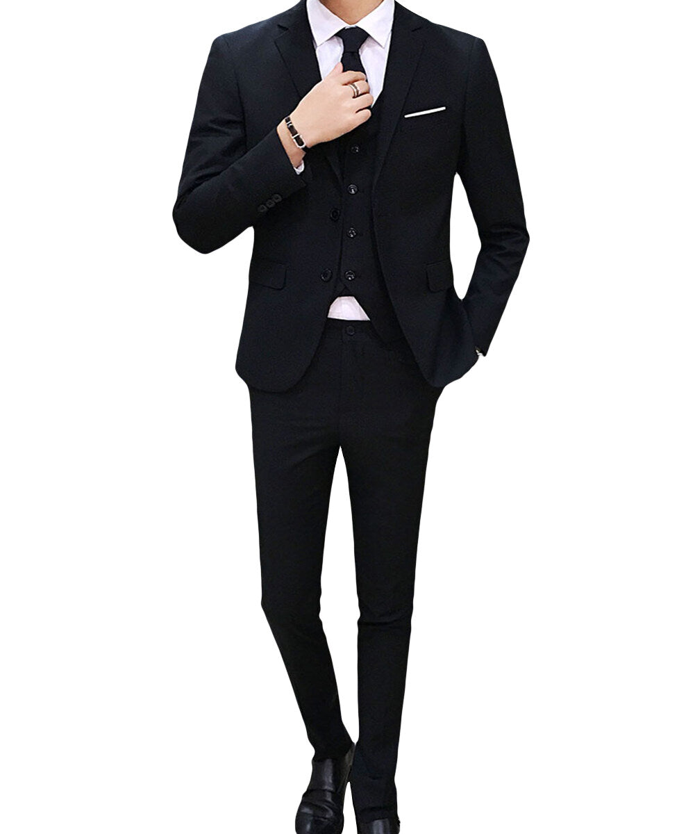 3-Piece Notched Lapel Black Suit