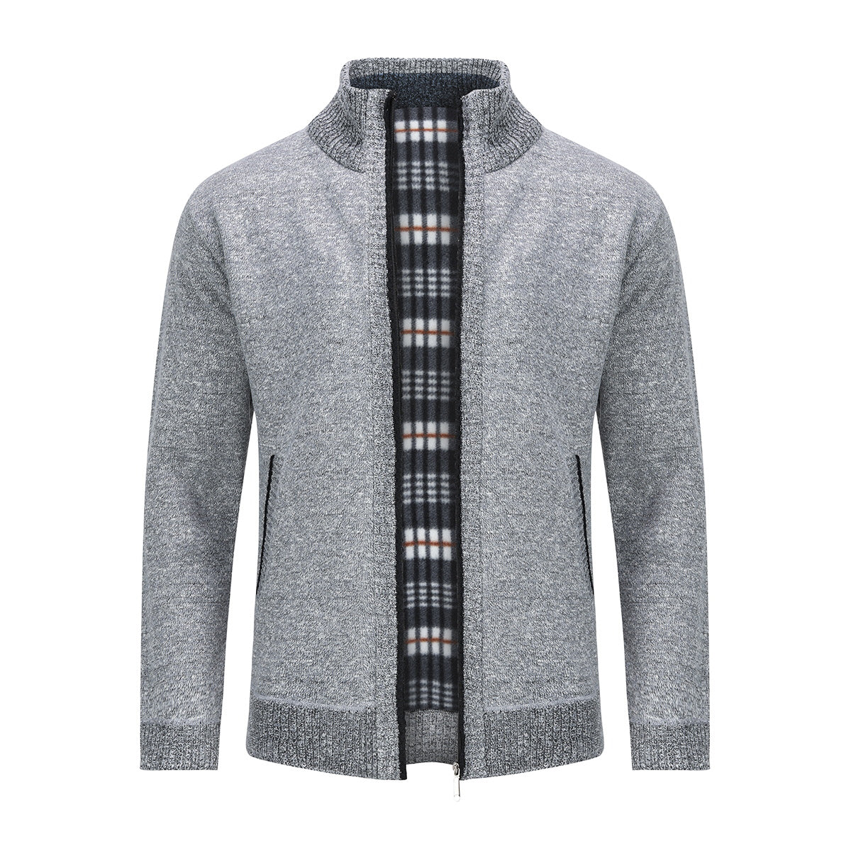 Mens Solid Color Stand Collar Long Sleeve Cardigan Grey