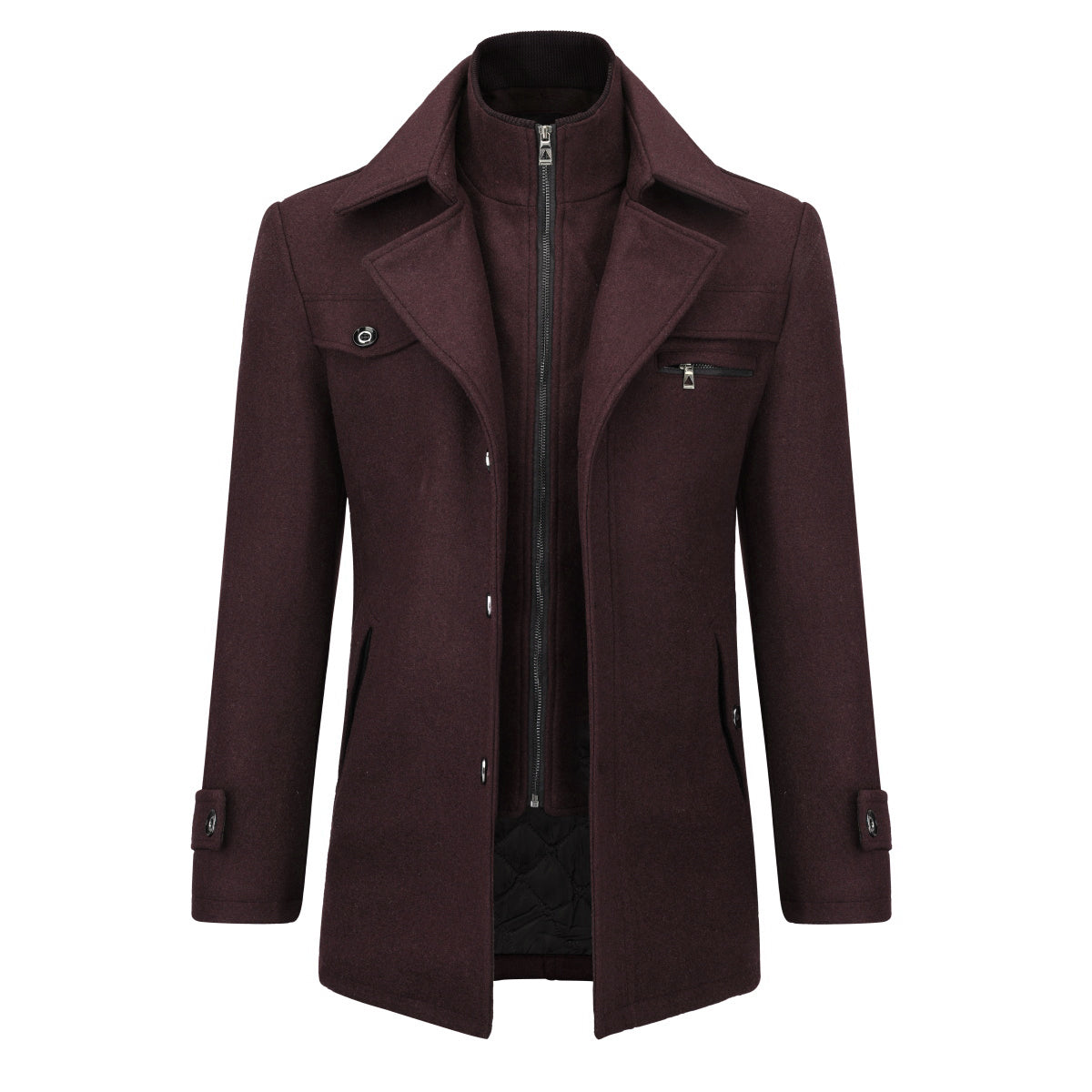 Men’s Solid Color Thick Double-Layer Collar Casual Overcoat Wine Red