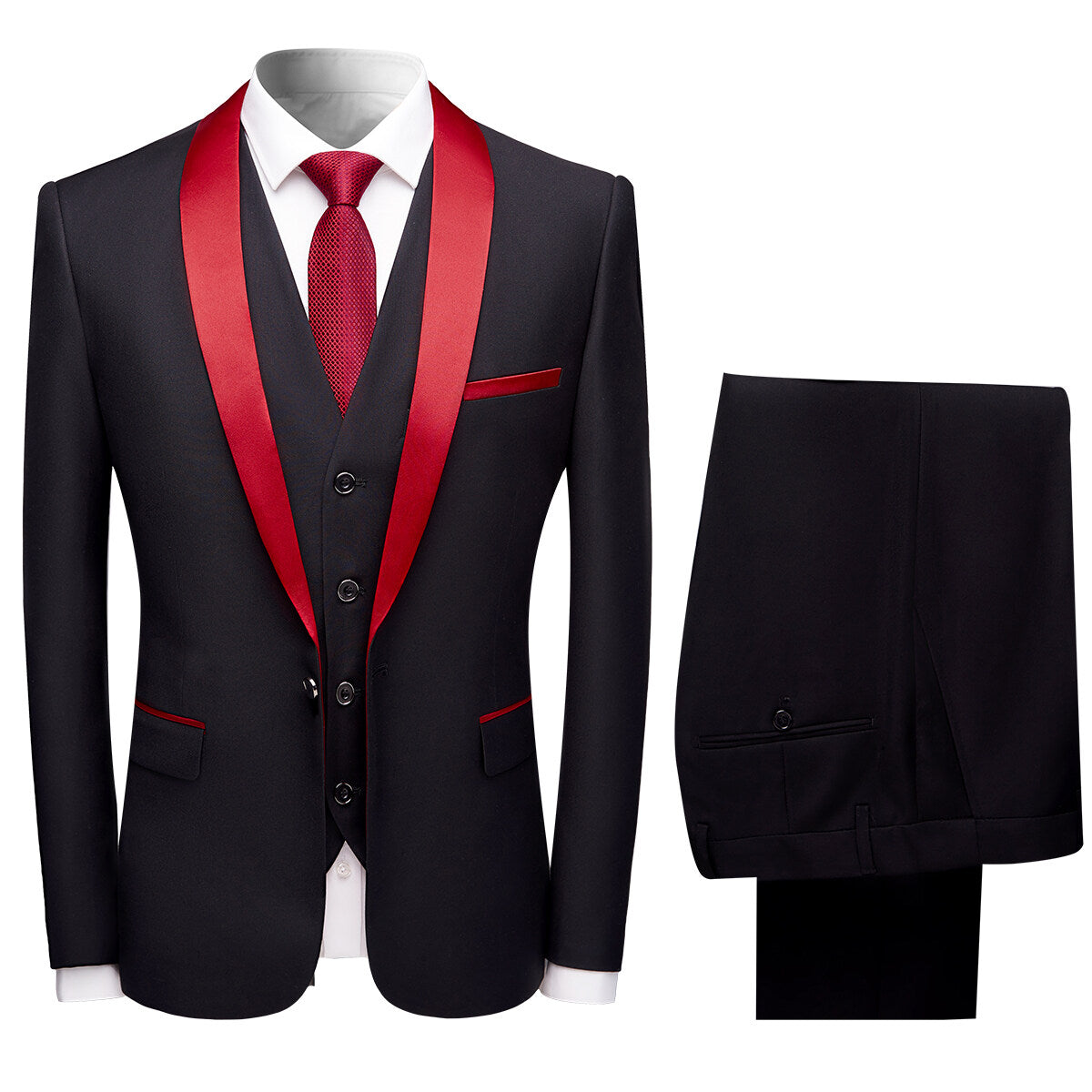 3-Piece Red Contrasting Color Shawl Collar Suit