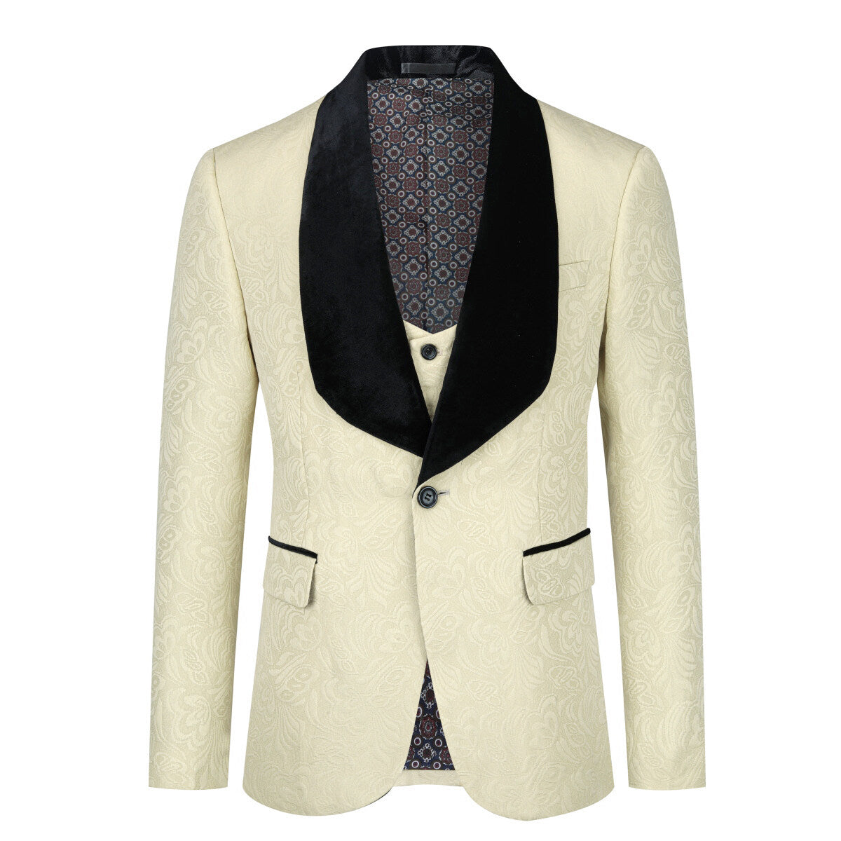 3-Piece Paisley Khaki Suit Shawl Collar Suit