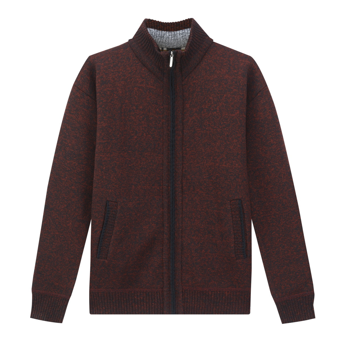 Mens Solid Color Stand Collar Long Sleeve Cardigan Wine Red