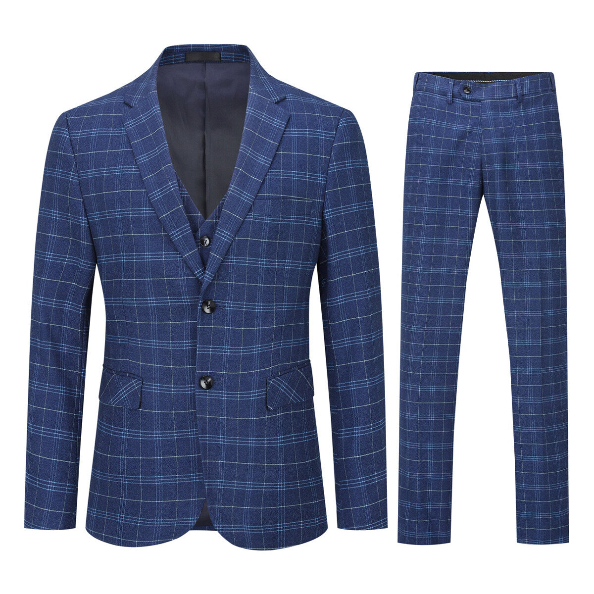 Mens 3-Piece Slim Fit Vintage Plaid Navy Suit