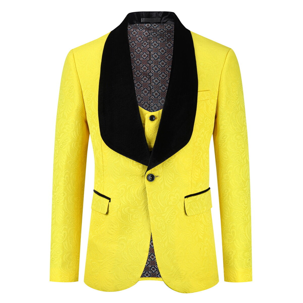 3-Piece Paisley Yellow Suit Shawl Collar Suit
