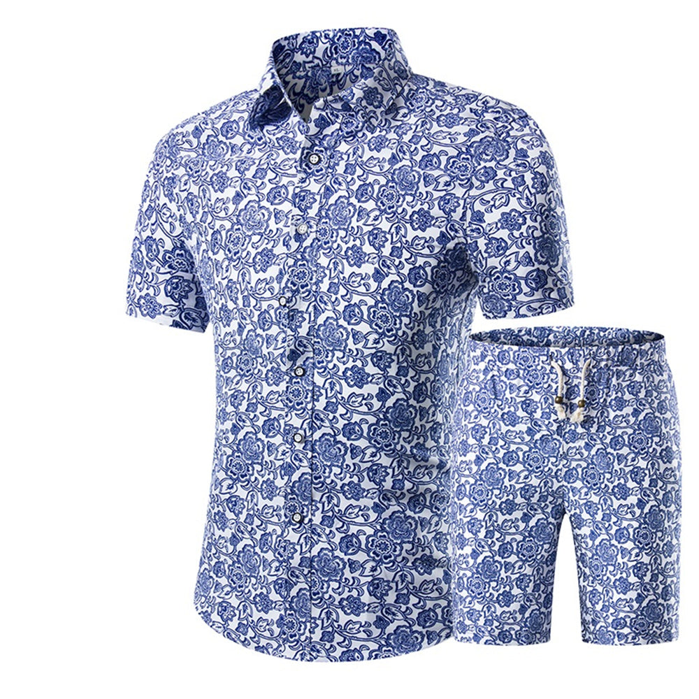 Mens 2-Piece Hawaii Print Style Summer Suit Blue