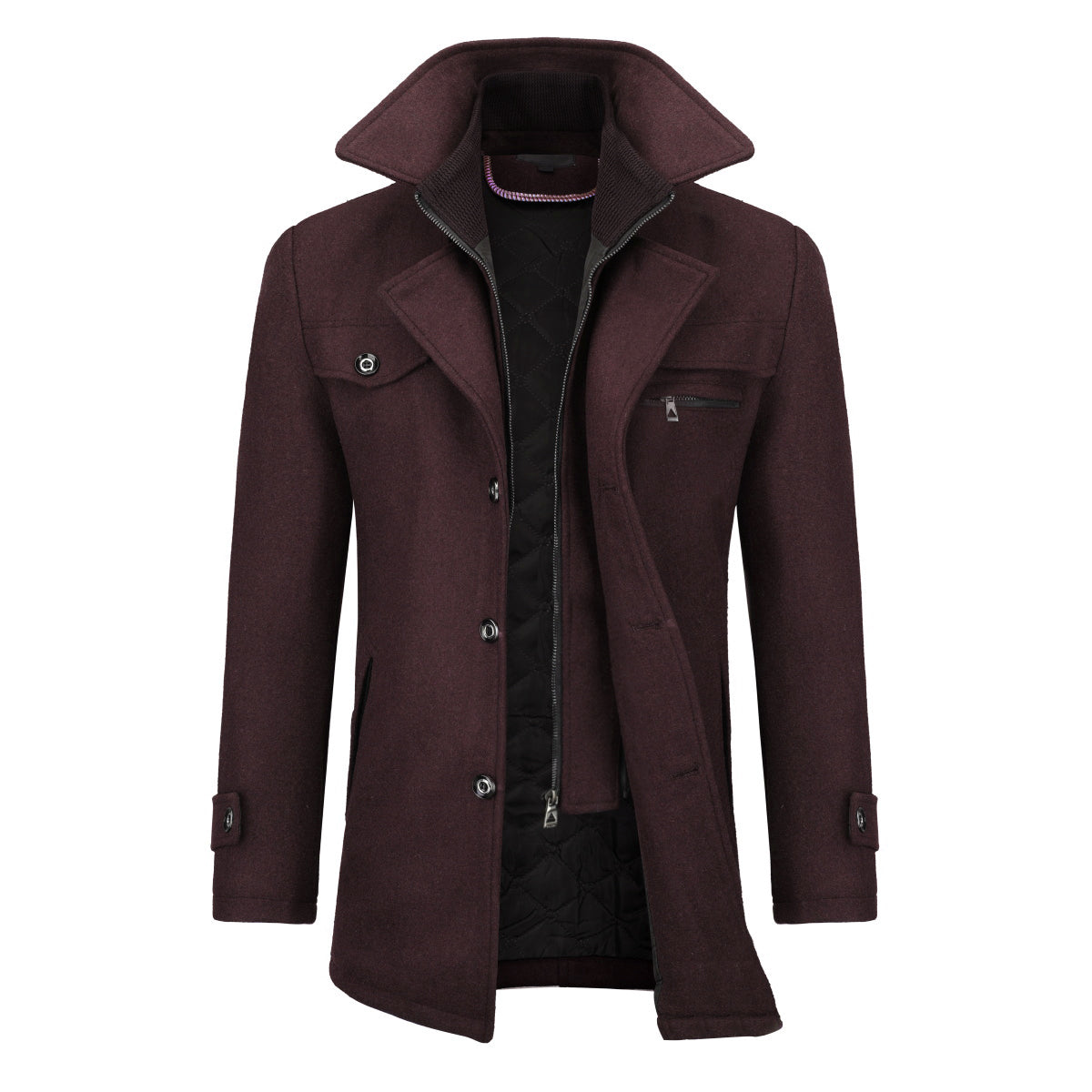 Men’s Solid Color Thick Double-Layer Collar Casual Overcoat Wine Red