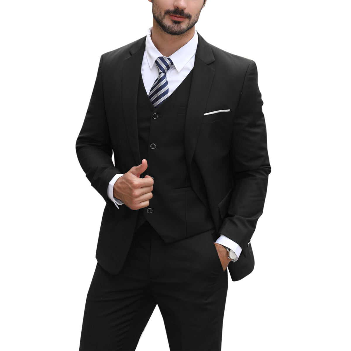 3-Piece Slim Fit One Button Fashion Black Suit