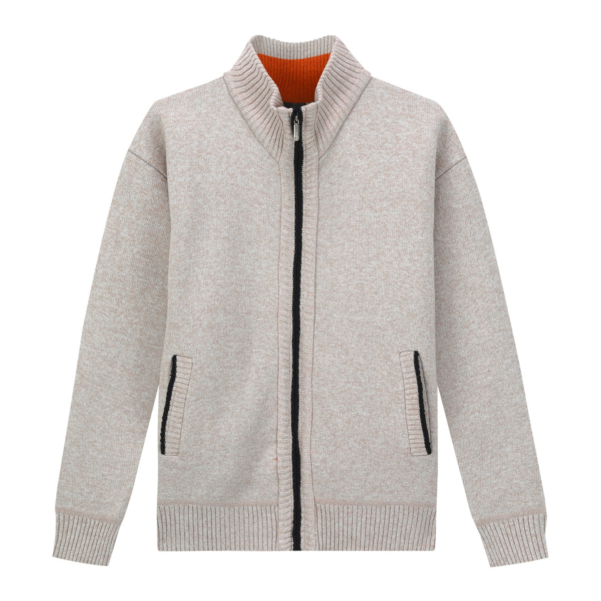 Mens Solid Color Stand Collar Long Sleeve Cardigan Beige