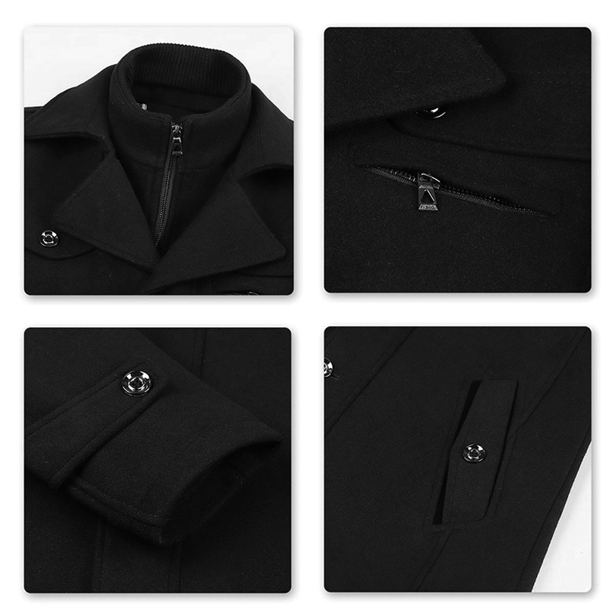 Men’s Solid Color Thick Double-Layer Collar Casual Overcoat Black