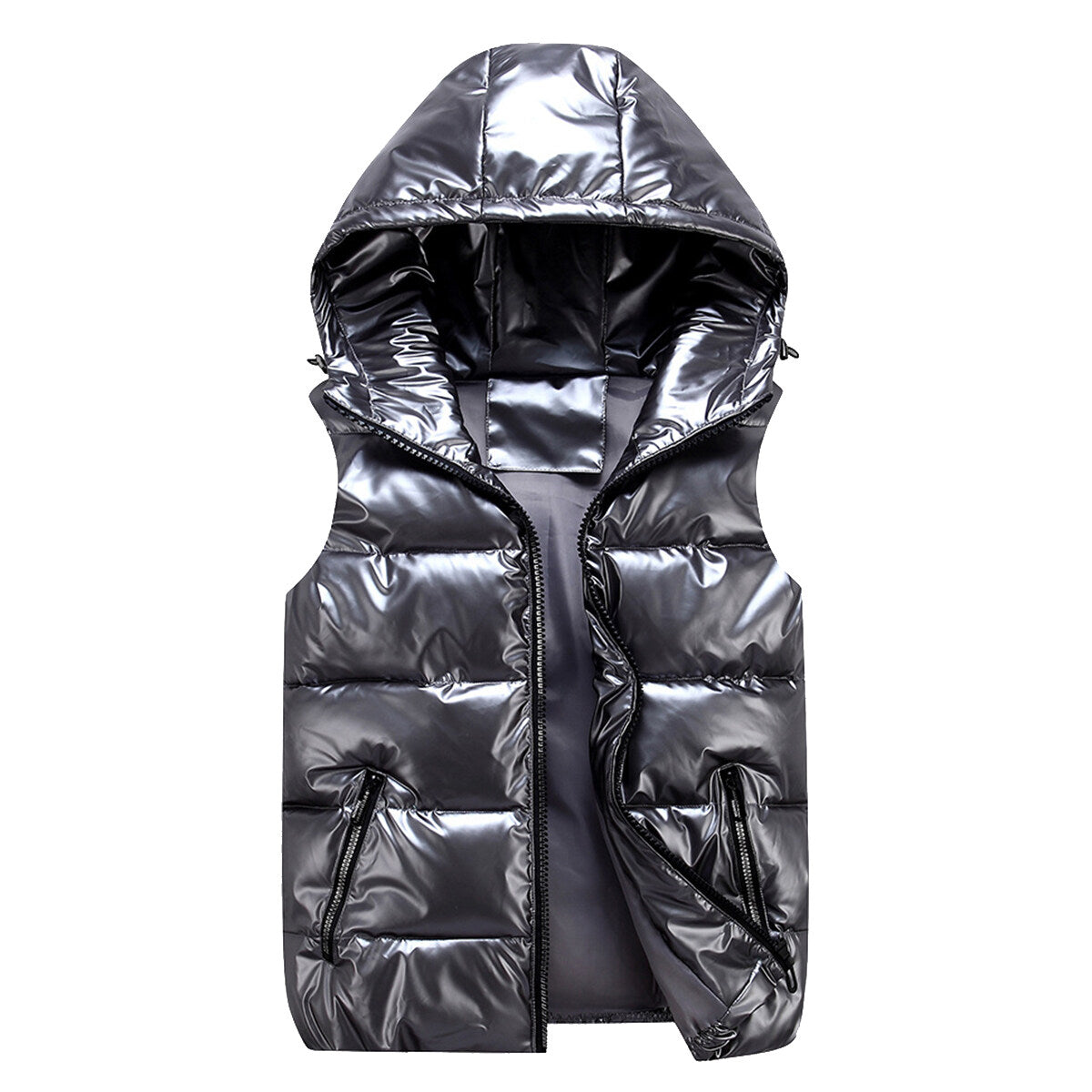 Allthemen Padded Vest, Bodywarmer, Glossy Waterproof Hooded Silver