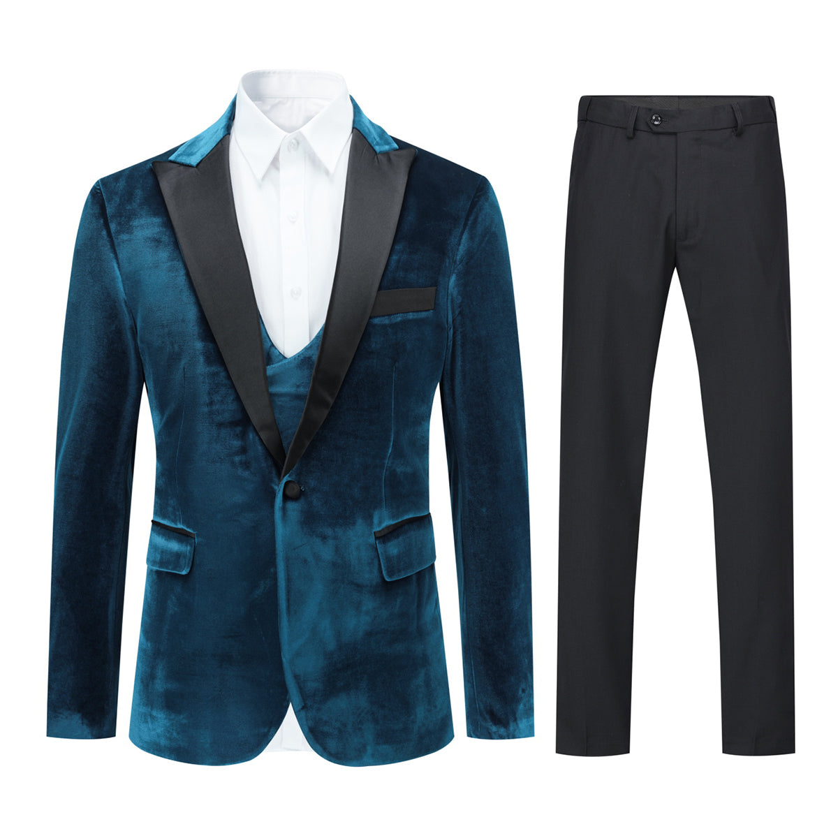 Peacock Blue Velvet Tuxedo Suit - 3-Piece Lapel One Button Design
