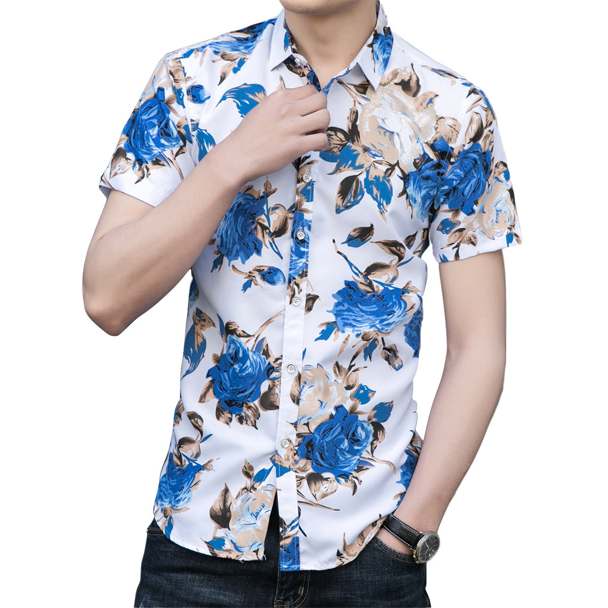 Slim Fit Blue Flower Floral Style Shirt White