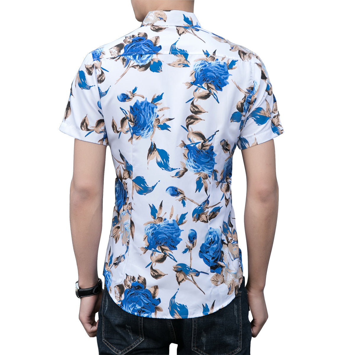 Slim Fit Blue Flower Floral Style Shirt White