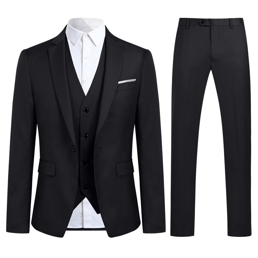 3-Piece Slim Fit One Button Fashion Black Suit