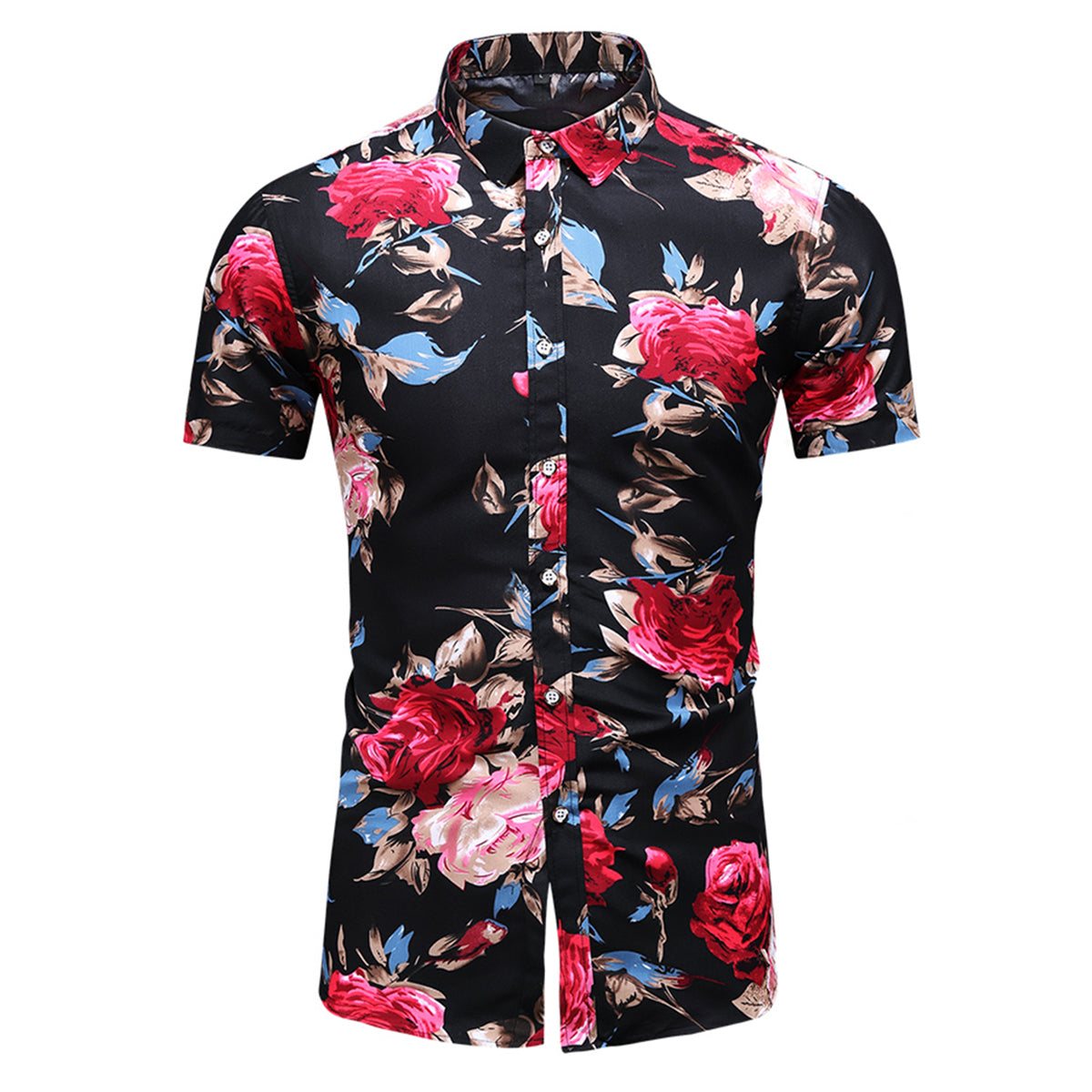 Slim Fit Red Flower Floral Style Shirt Black