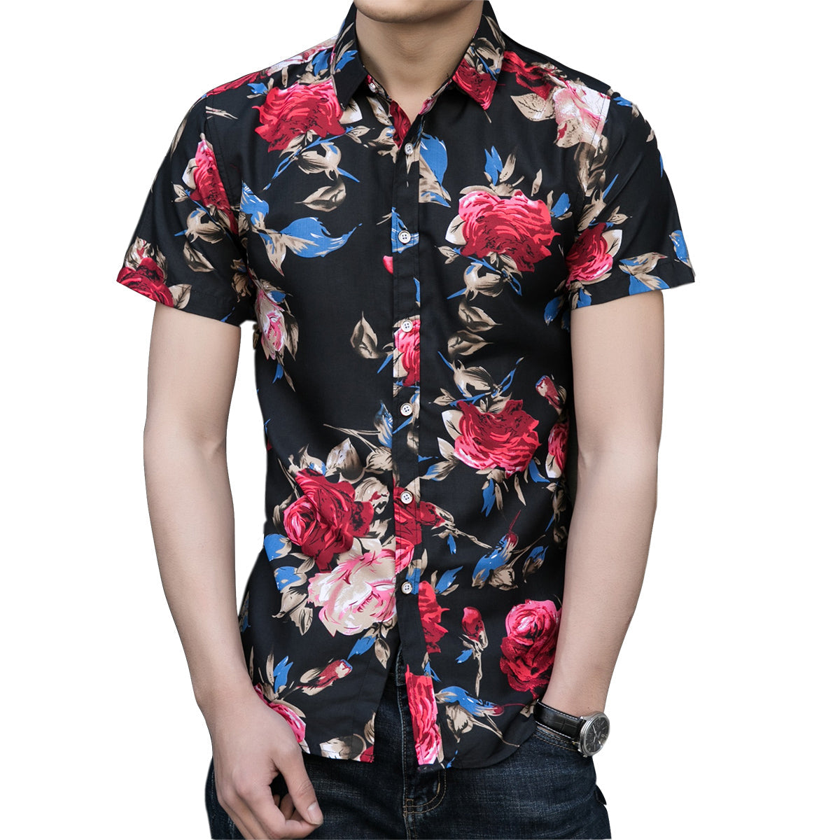 Slim Fit Red Flower Floral Style Shirt Black