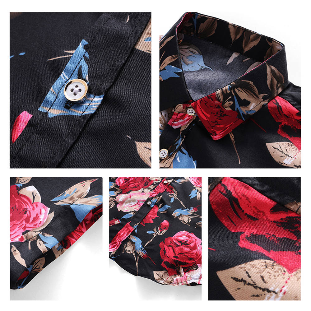 Slim Fit Red Flower Floral Style Shirt Black