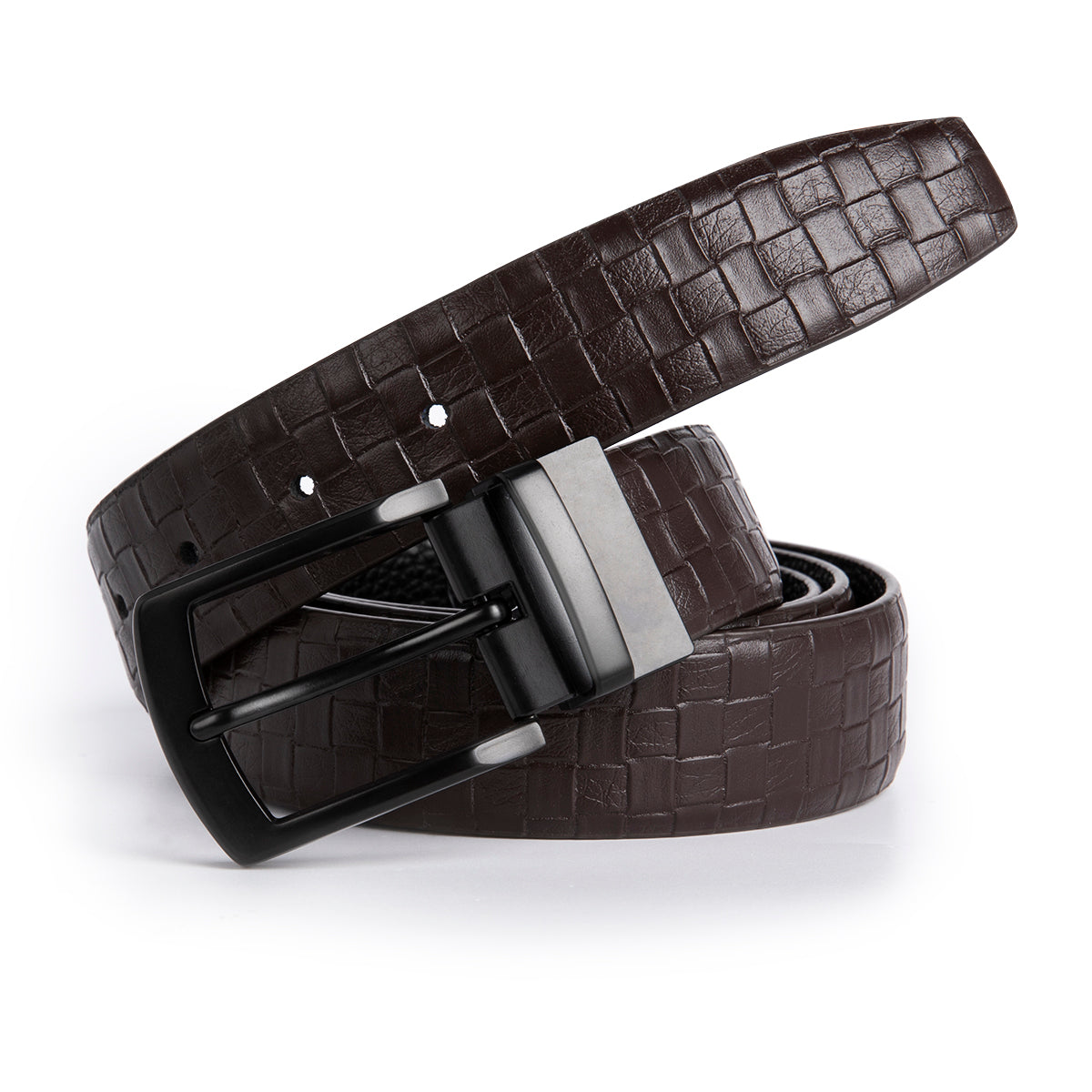 Reversible Prong Buckle Brown Woven Pattern Belt Black Lychee Belt