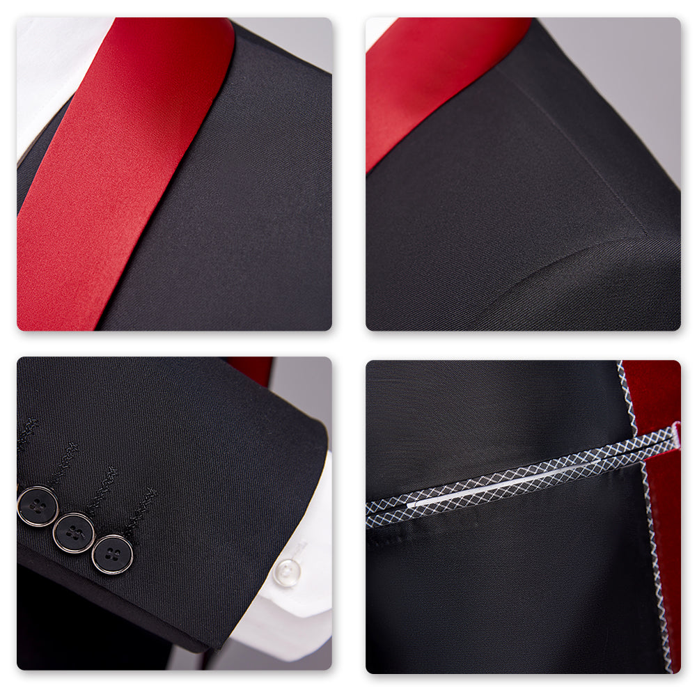 3-Piece Red Contrasting Color Shawl Collar Suit