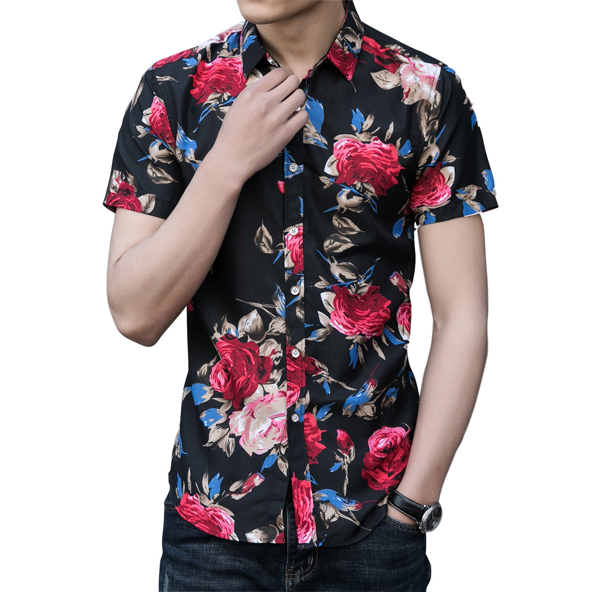 Slim Fit Red Flower Floral Style Shirt Black