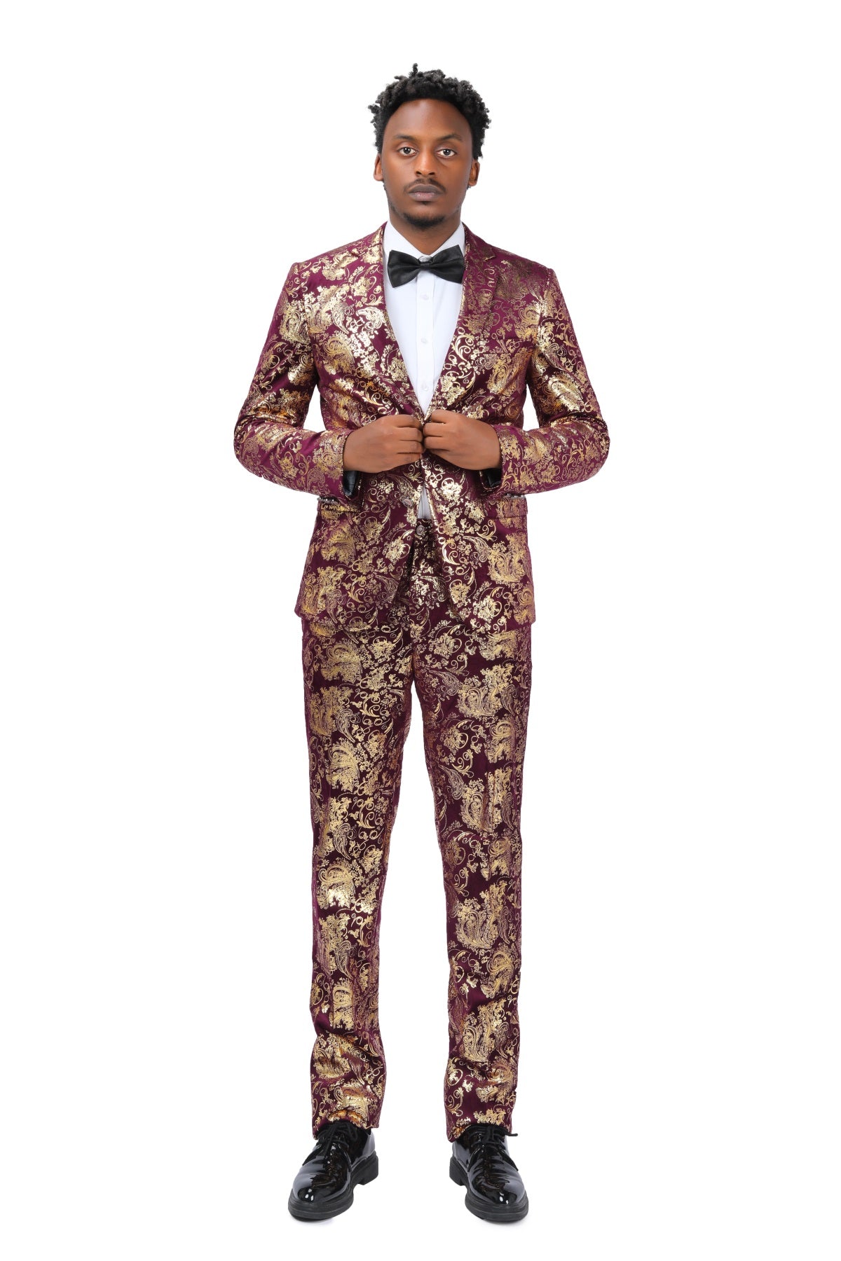Red Gold Floral Suit - 2-Piece Slim Fit Elegant Attire