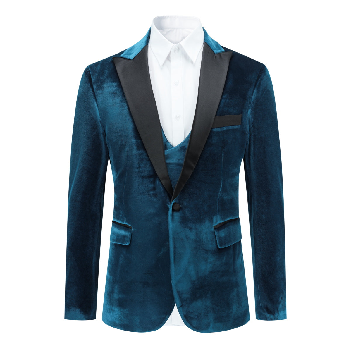 Peacock Blue Velvet Tuxedo Suit - 3-Piece Lapel One Button Design