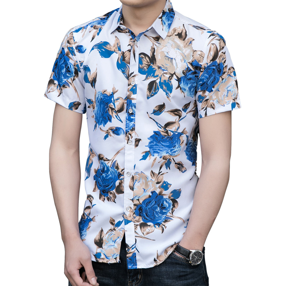 Slim Fit Blue Flower Floral Style Shirt White