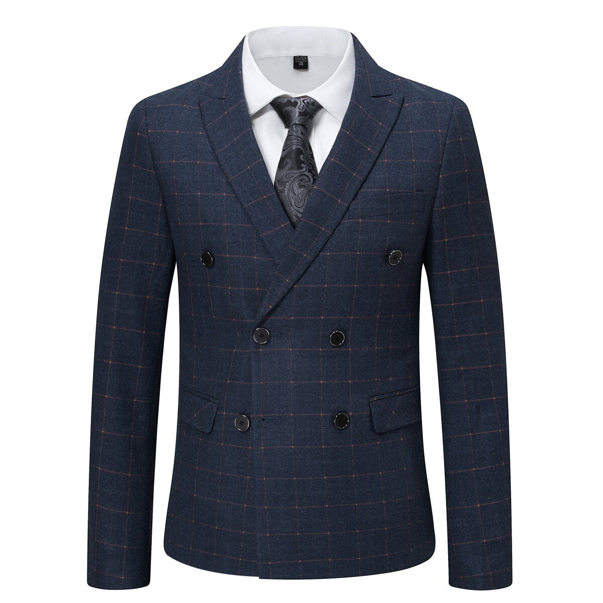 3-Piece Slim Fit Double Breasted Suit Plaid Navy Suit