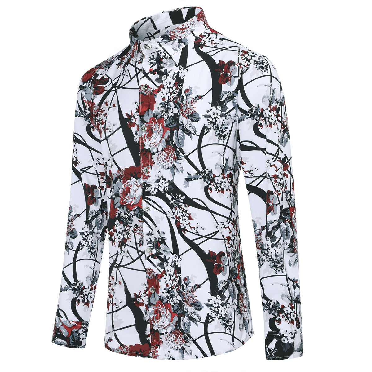 Slim Fit Red Plum Flower Print Shirt