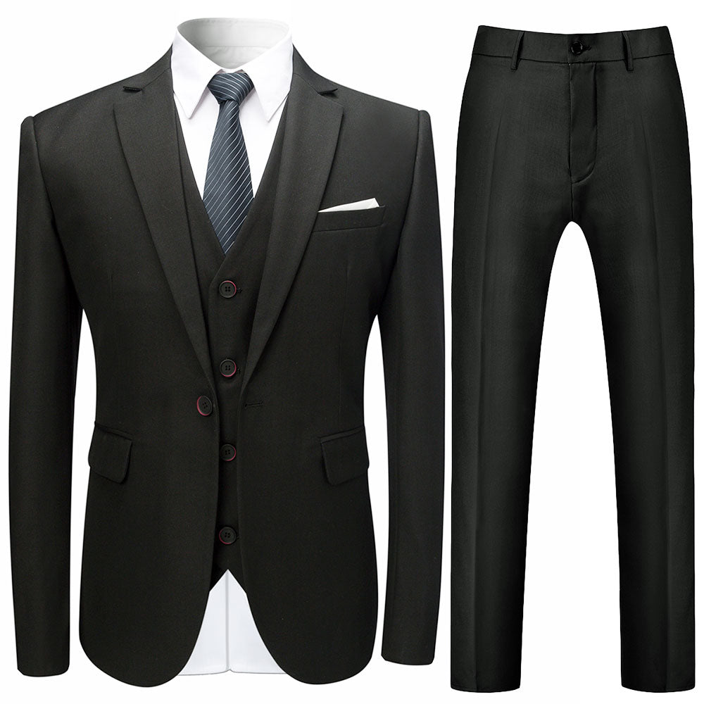 3-Piece Slim Fit Solid Black Smart Wedding Formal Suit
