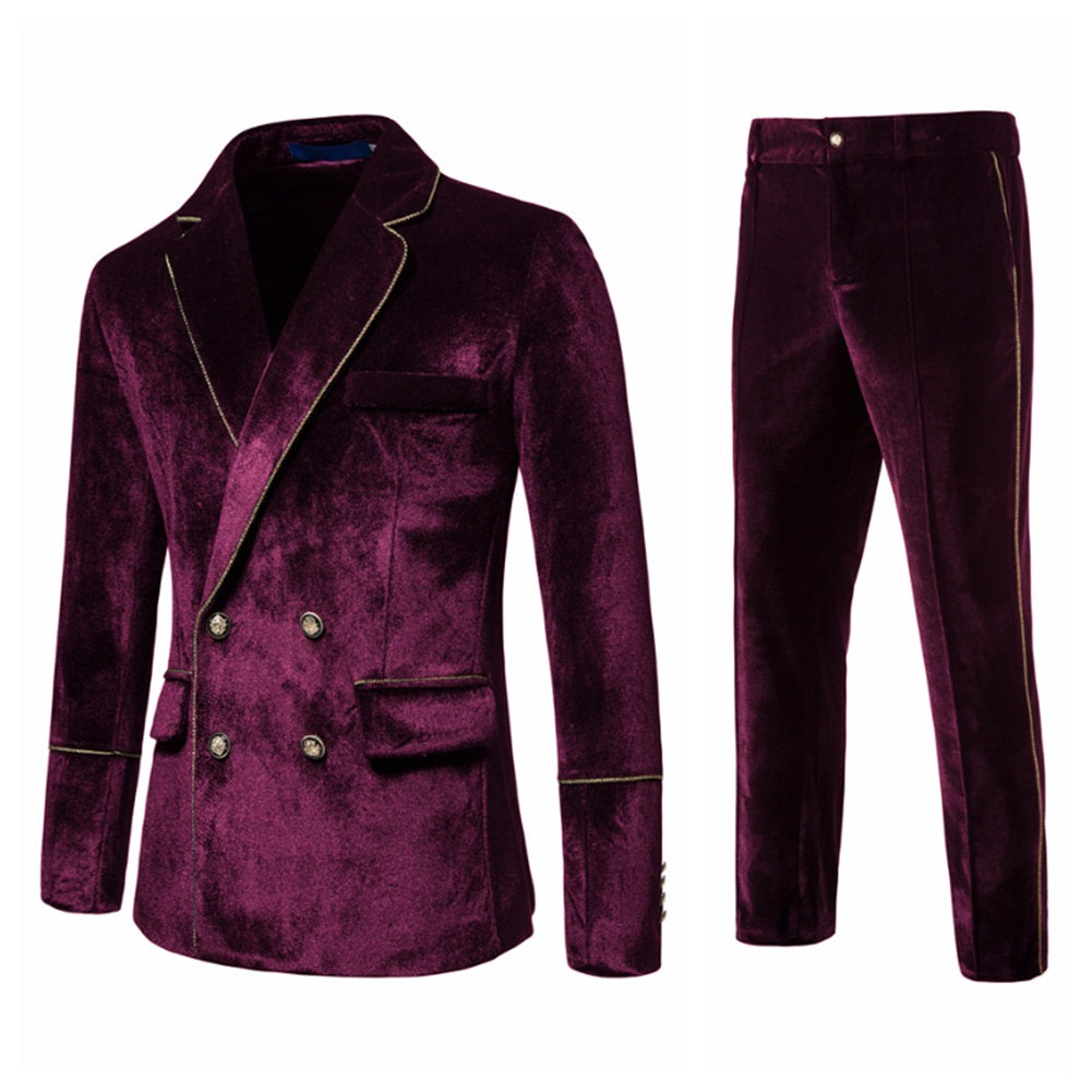Maroon Velvet-Trimmed 2-Piece Double-Breasted Suit