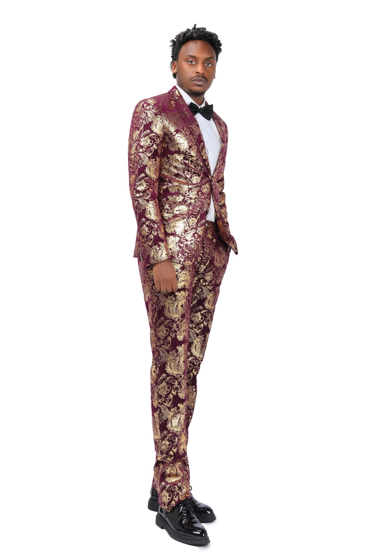 Red Gold Floral Suit - 2-Piece Slim Fit Elegant Attire