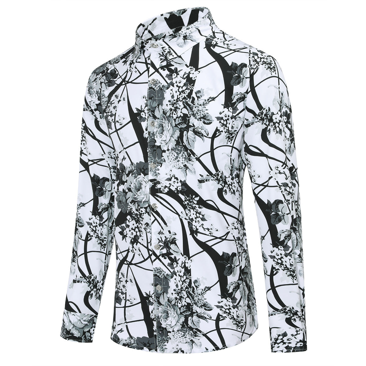 Slim Fit White Plum Flower Print Shirt