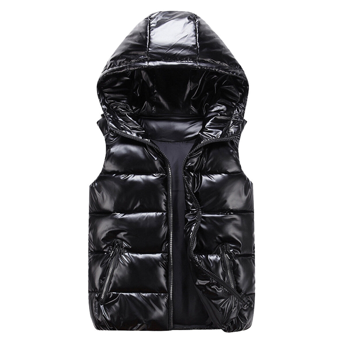 Allthemen Padded Vest, Bodywarmer, Glossy Waterproof Hooded Black