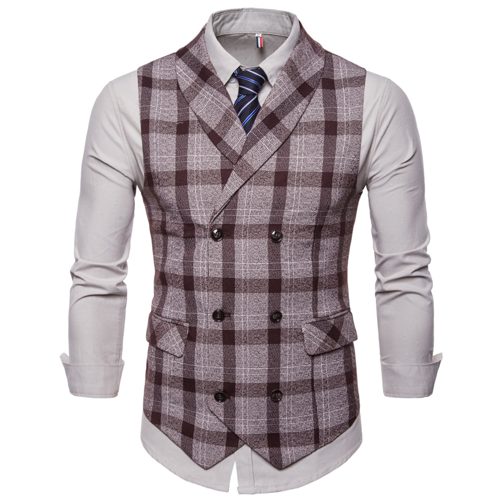 Slim Fit Double Breasted Plaid Khaki Vest