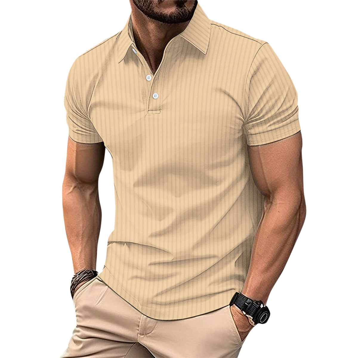 Herren Poloshirt mit Streifenmuster, kurzärmelig, Khaki