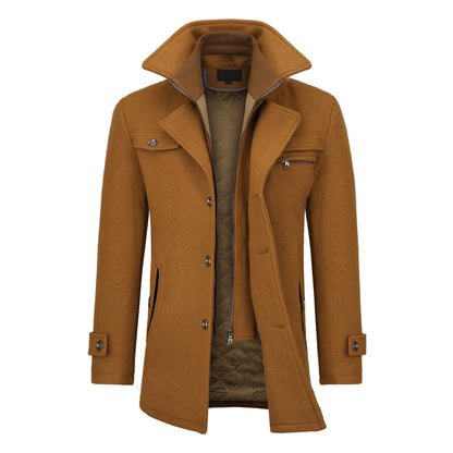 Men’s Solid Color Thick Double-Layer Collar Casual Overcoat Bronze