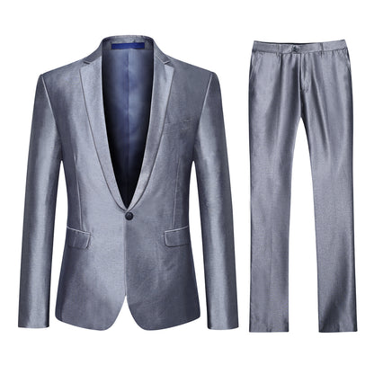 Two Piece Silver Suit One Button Suit