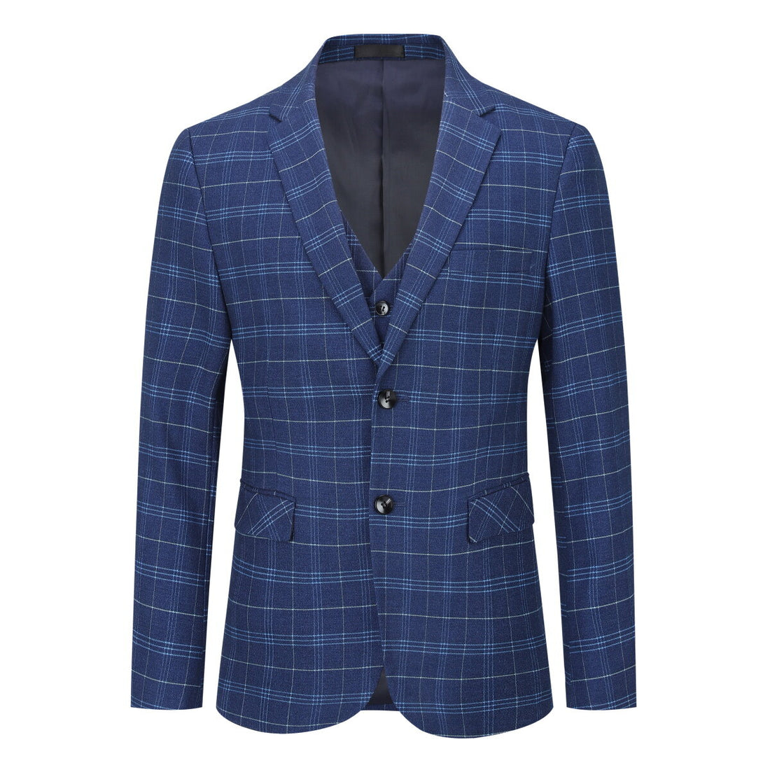 Mens 3-Piece Slim Fit Vintage Plaid Navy Suit