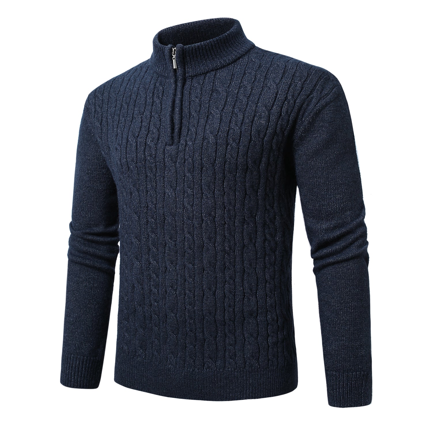 Mens Solid Color Half-Zip Stand Collar Loose-Fit Long-Sleeve Sweater Navy