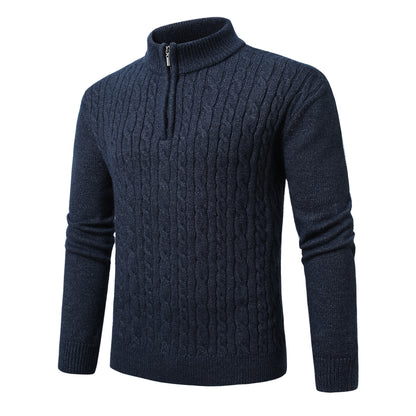 Mens Solid Color Half-Zip Stand Collar Loose-Fit Long-Sleeve Sweater Navy