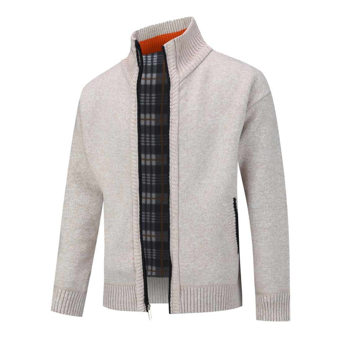 Mens Solid Color Stand Collar Long Sleeve Cardigan Beige