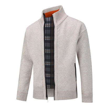 Mens Solid Color Stand Collar Long Sleeve Cardigan Beige