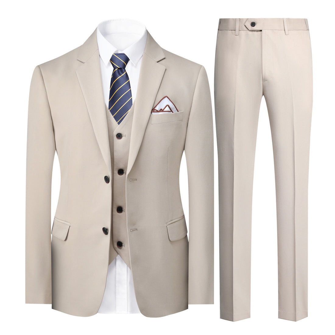 3-teiliger Herrenanzug in Volltonfarbe mit zwei Knöpfen und Revers in Beige